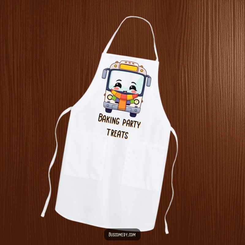 Funny Cheerful Bus Apron, a festive vehicle ready to help cook up some party fun. A functional funny gift.