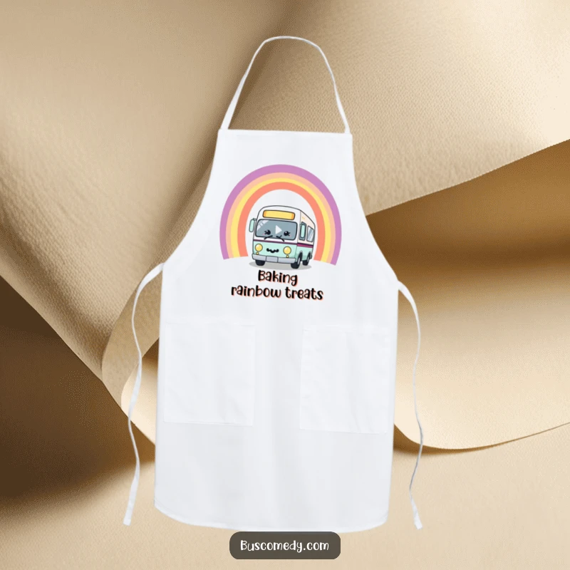 Funny kawaii bus character with a big smile, joyfully driving through a vibrant rainbow arch, featured on a practical and humorous kitchen apron.