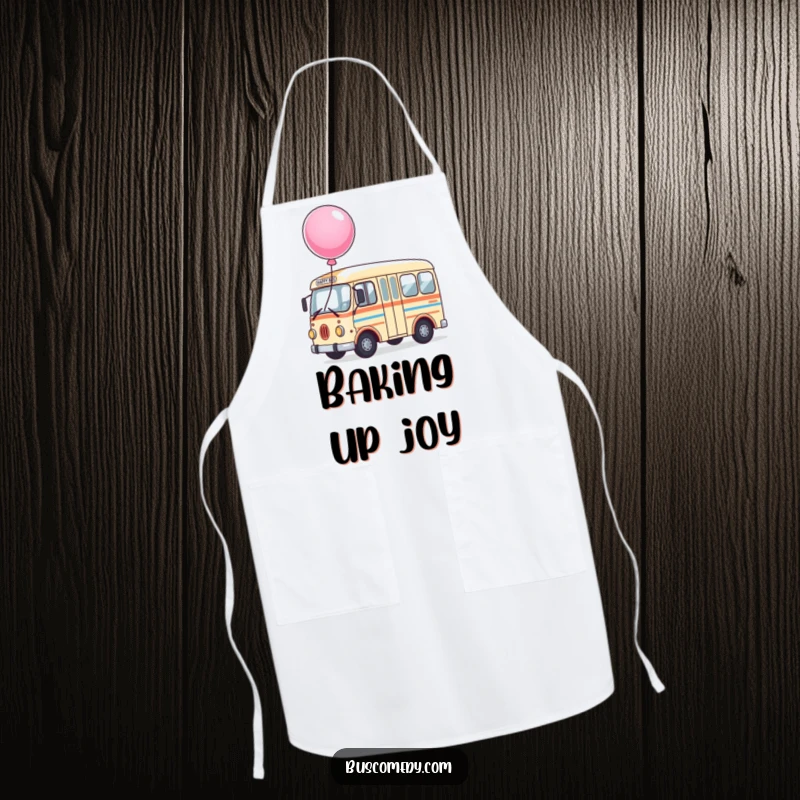 Funny Apron featuring a happy bus character with a large, bouncing balloon on its roof, ideal for kitchen fun.