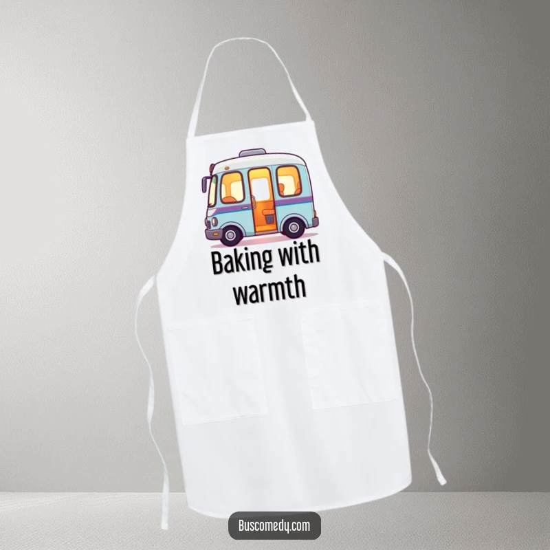 Friendly bus apron for kitchen use, with a warm, inviting glow emanating from its interior, symbolizing hospitality.
