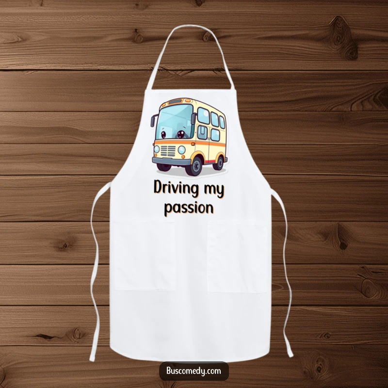 Funny apron featuring a cute bus character with wheels spinning enthusiastically, ready for culinary adventures. This kitchen accessory is both practical and amusing.