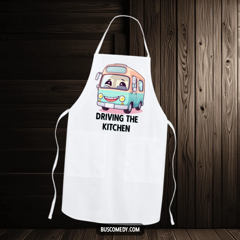 Funny apron with a round bus character sporting a large grin and a winking headlight, perfect for a humorous cooking experience.