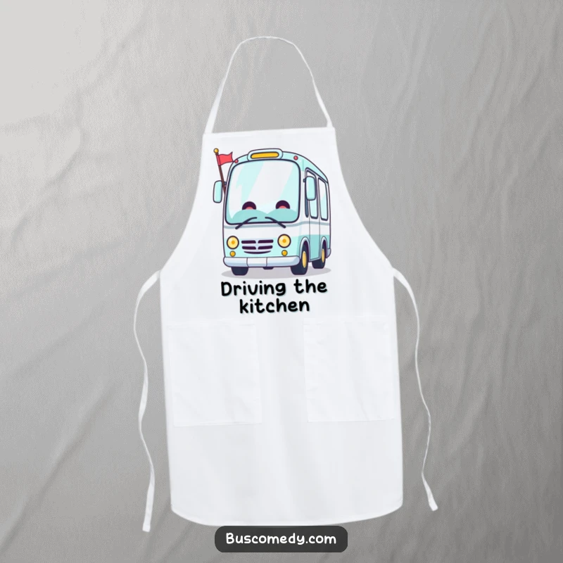 Funny Kawaii bus apron, a cheerful bus character grinning and waving a small flag, ideal for cooking.