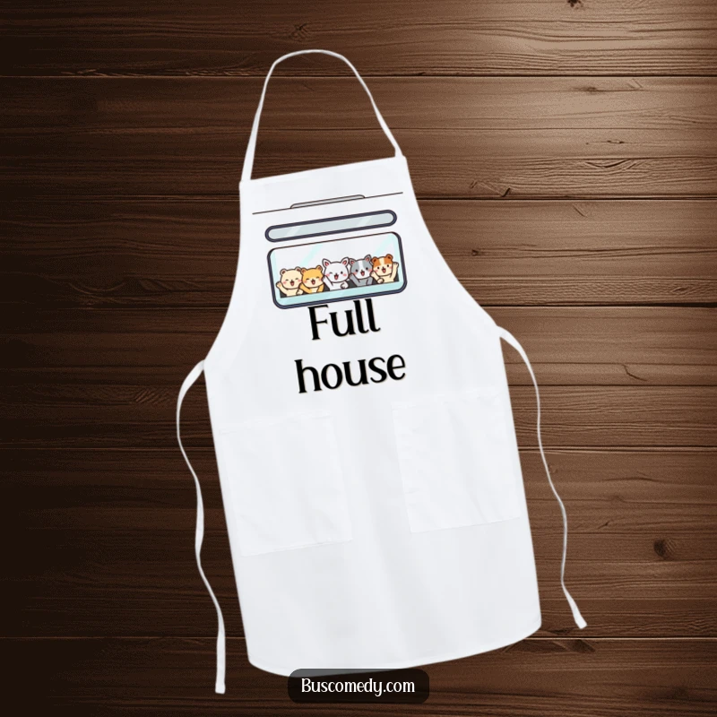 Funny apron featuring smiling animal passengers waving from a bus window, ideal for cheerful cooking and baking.