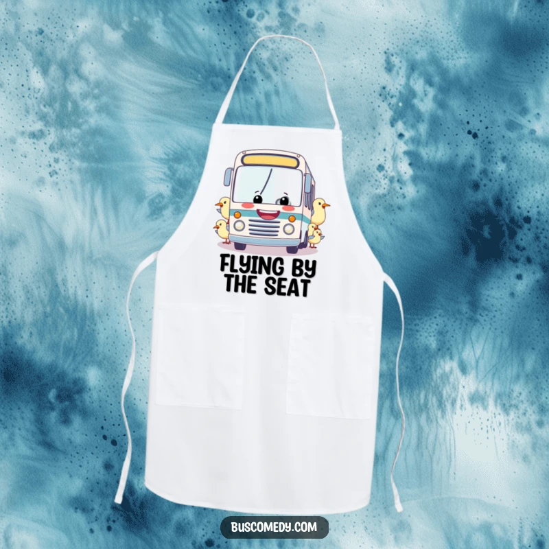 Funny apron: A happy bus being towed by a flock of friendly birds, bringing humor and charm to kitchen activities.