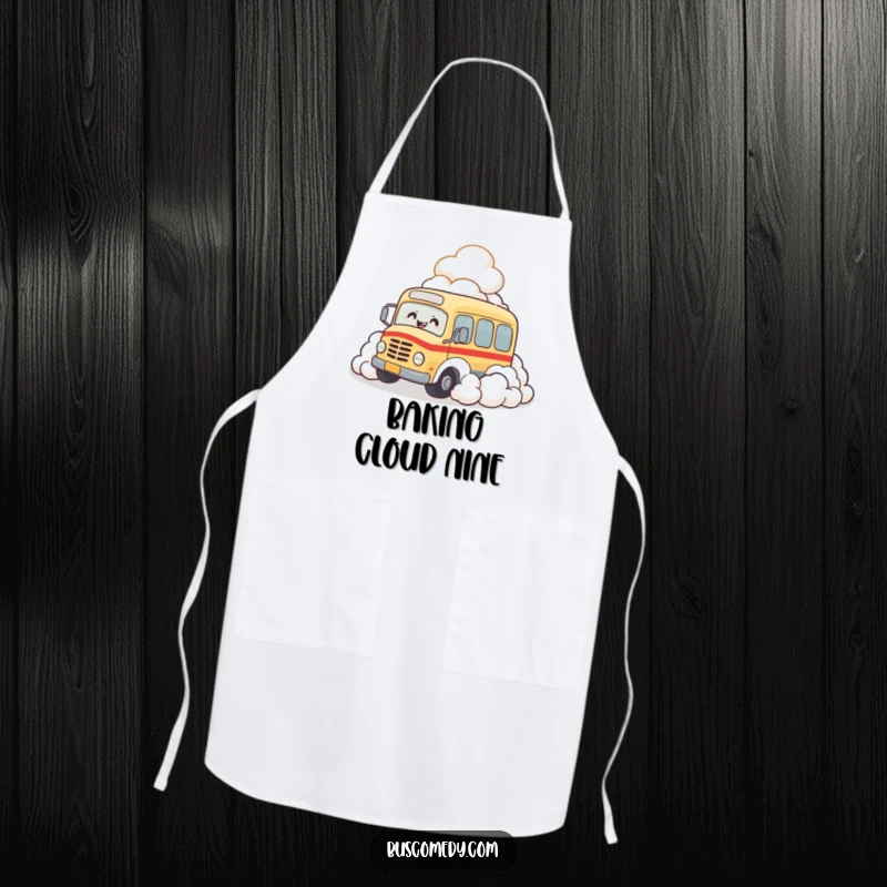 Funny apron with a bus character gleefully rolling into fluffy clouds, giggling while cooking up a storm.