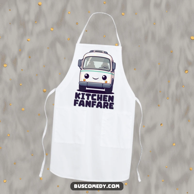 Funny apron showing a small, round bus character with a friendly face, honking its horn, a humorous addition for kitchen duties.