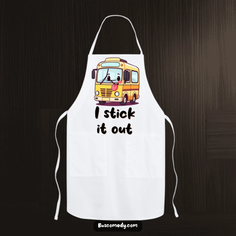 Funny apron showing a bus character sticking its tongue out, perfect for adding humor to kitchen tasks.