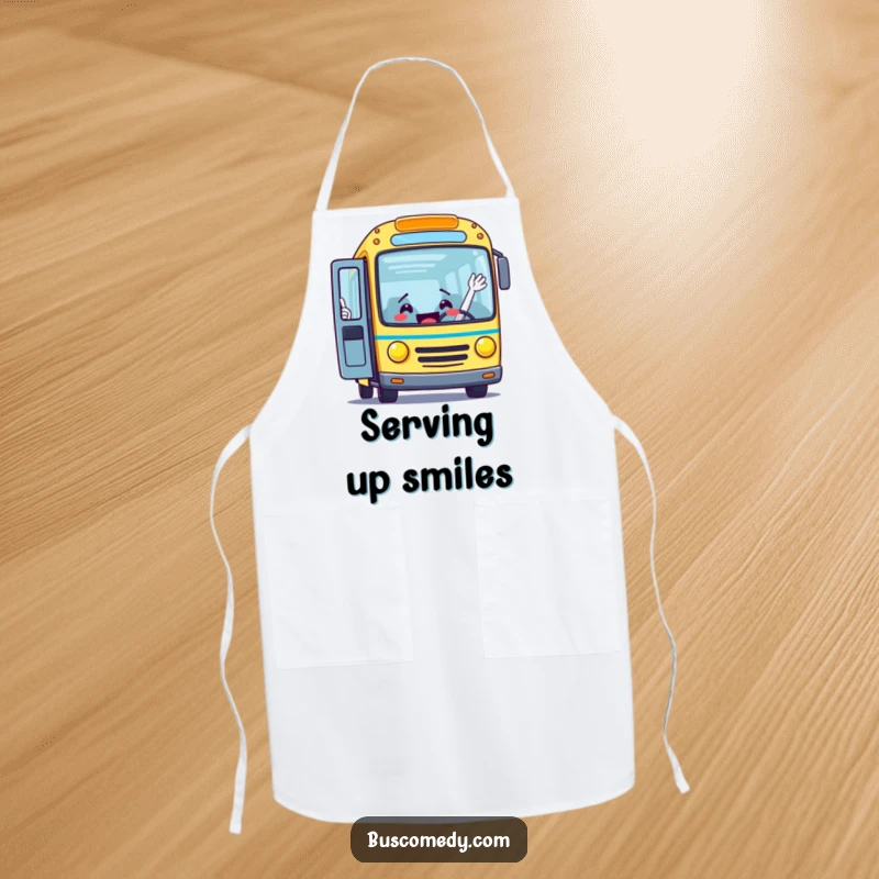 Funny apron showing an excited bus character with its door open wide, waving to welcome everyone, a humorous addition for the kitchen.