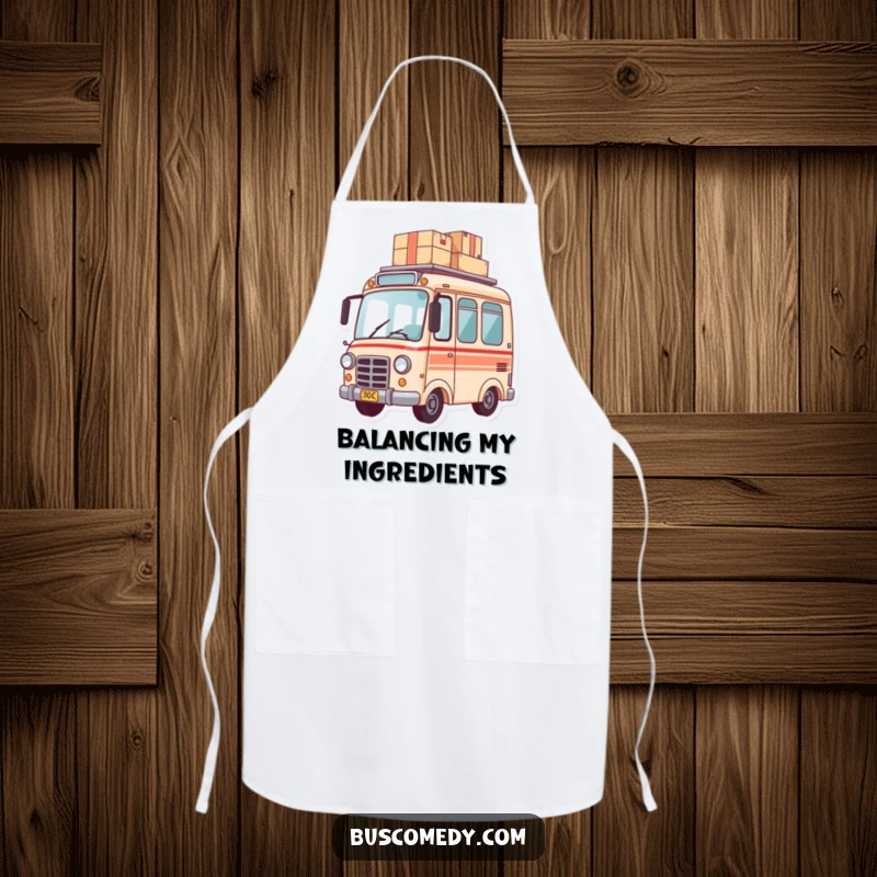 Funny apron featuring a small bus character balancing a stack of packages on its roof, perfect for kitchen duty.