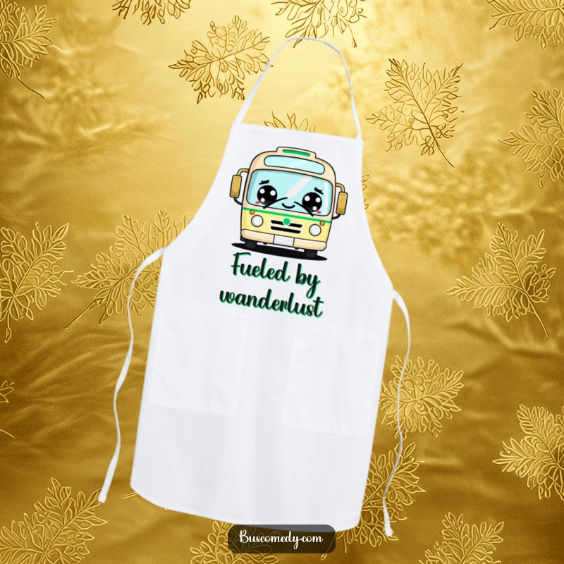 Funny kawaii bus apron, big cheerful eyes, friendly honking, cute kitchen wear, cooking with joy.