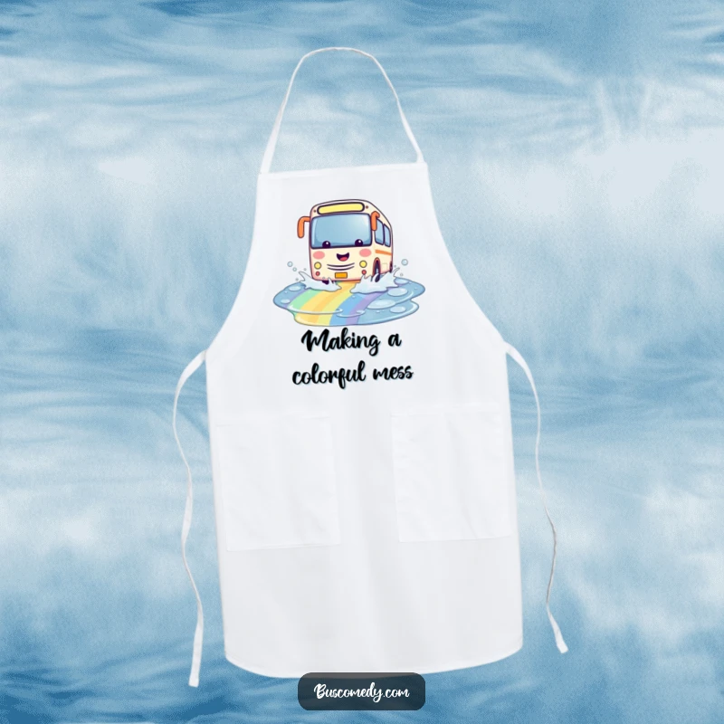 Funny kawaii bus apron, character playfully splashing through a vibrant rainbow puddle, cute and functional kitchen wear.