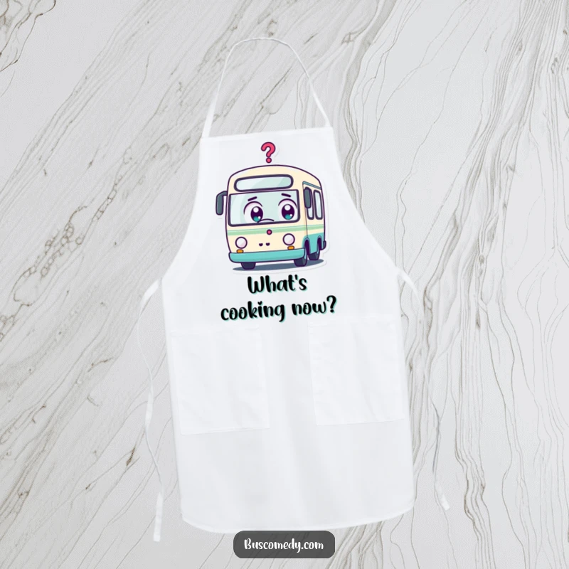 Funny Kawaii Bus Apron: A kawaii bus character with a surprised expression and a question mark, ideal for curious cooks.