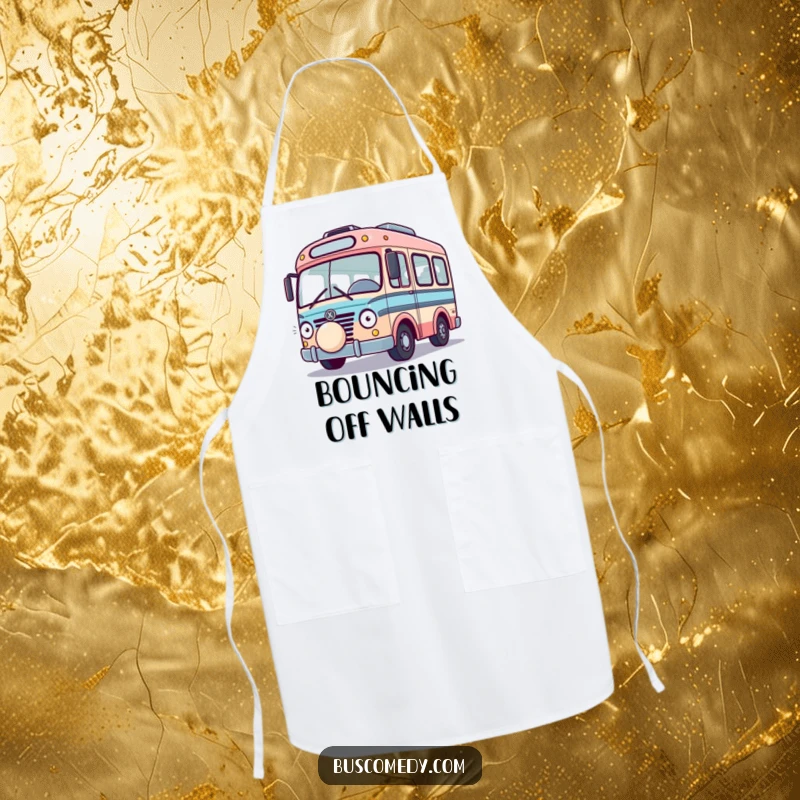 Funny Playful Bus Apron, a bus playing with a bouncing ball, ready for kitchen fun. A whimsical funny gift.