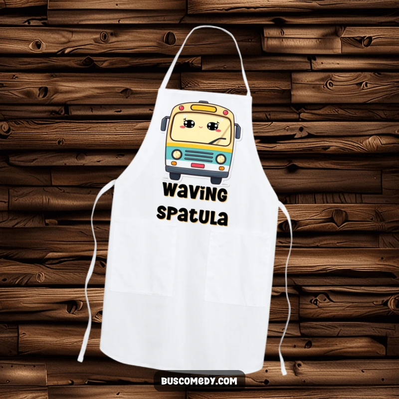 Funny apron featuring a cheerful bus with windows as smiling eyes and a waving motion, perfect for a happy cooking experience.