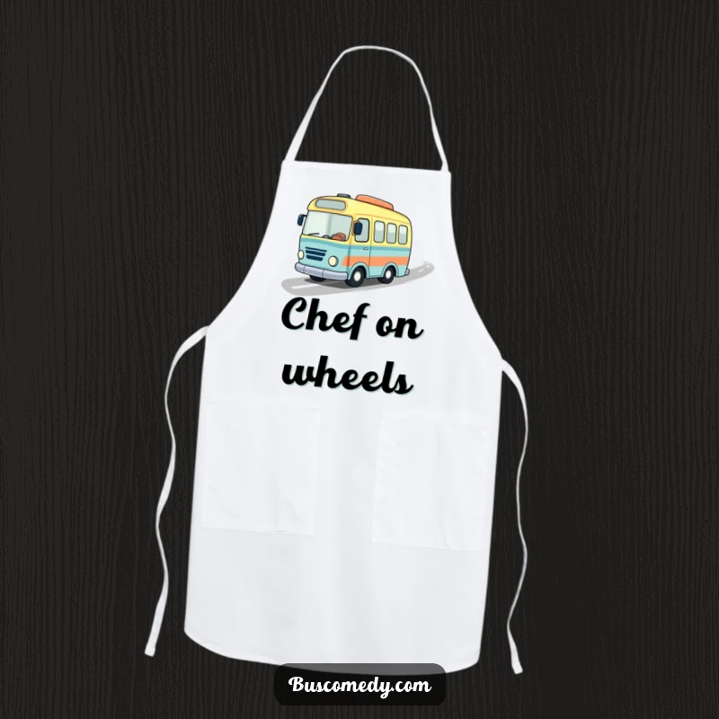 Funny apron featuring a little bus with a jaunty hat speeding down a wavy road, perfect for a humorous cooking adventure.
