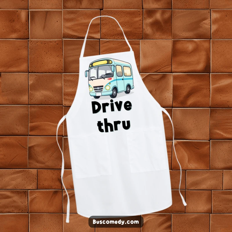Funny durable apron featuring a happy bus character winking with bright headlights, ideal for cheerful cooking and baking.