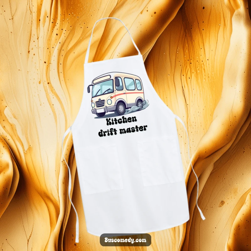 Funny cute bus character with wheels spinning rapidly as it performs a playful drift, featured on a practical and humorous kitchen apron.