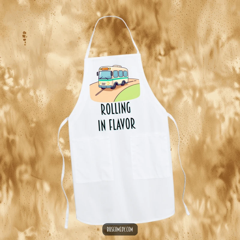Funny apron with a cute bus character rolling downhill, headlights twinkling with excitement, a cheerful kitchen companion.
