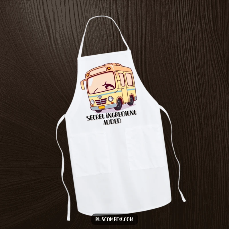 Funny apron with a Kawaii bus character peeking playfully and giving a mischievous wink, perfect for kitchen fun.