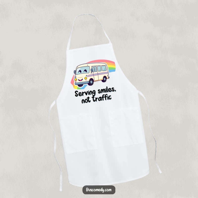 Funny apron decorated with a happy bus character with a smiley face, driving across a bright rainbow, ideal for cooking.