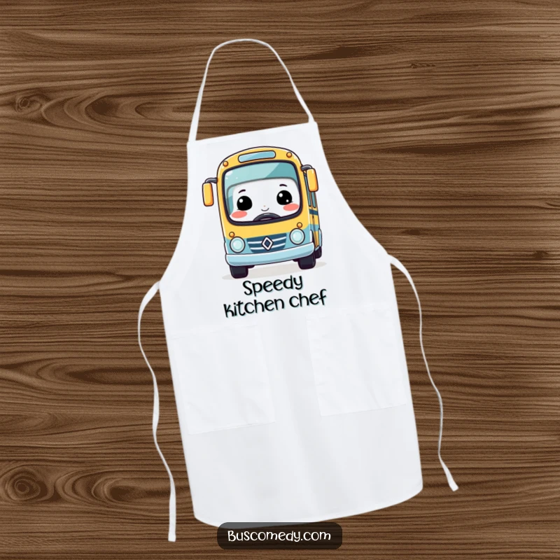 Funny Kawaii Bus Apron with a large smile, driving a tiny race car, ready for kitchen adventures.