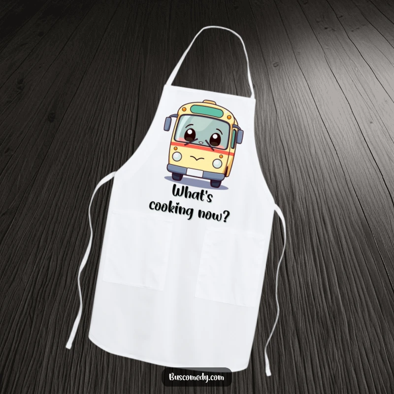 Funny Kawaii Bus Apron featuring a giggling bus character with a surprised expression, ready for kitchen fun.