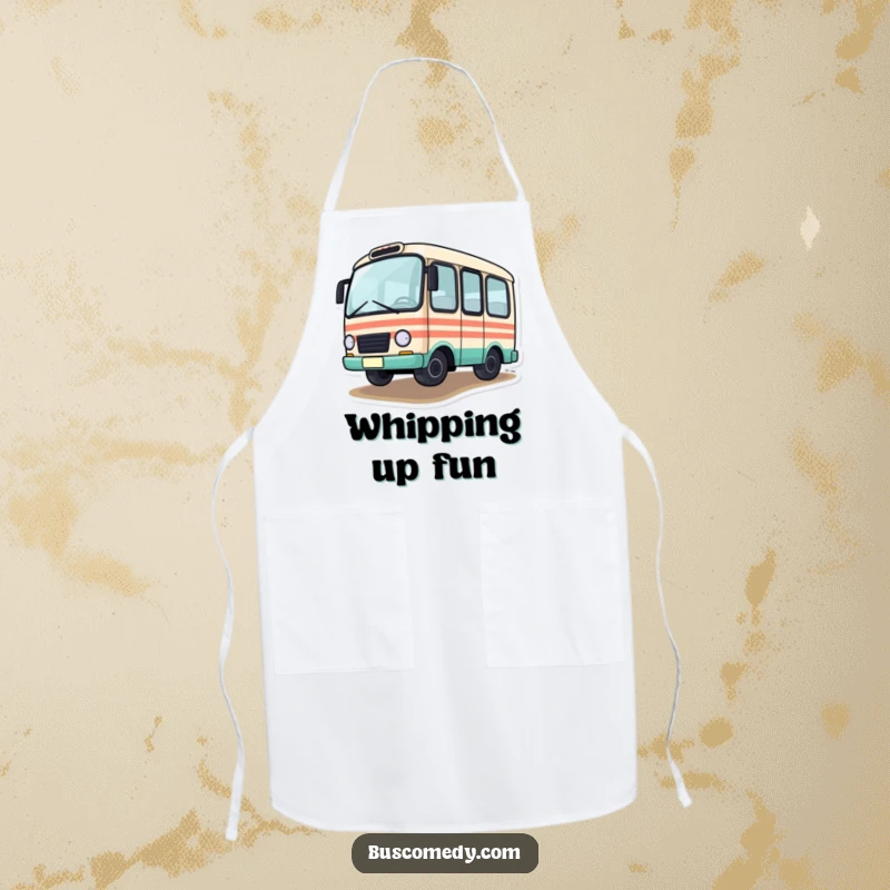 Funny Apron featuring a little bus character driving with one tire slightly off the ground, adding a humorous touch.