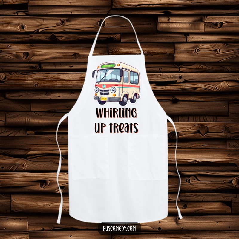 Funny Apron featuring a slightly dizzy bus character with wheels spinning in a comical blur, adding a humorous touch.