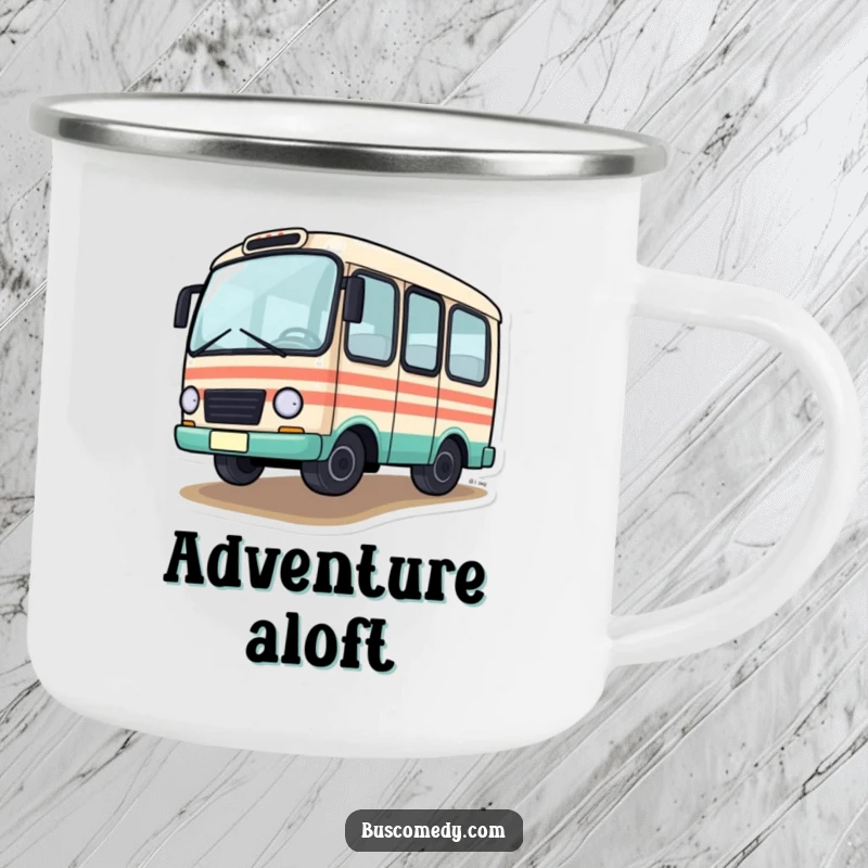 Funny Camping Mug featuring a little bus character driving with one tire slightly off the ground, for rugged fun.