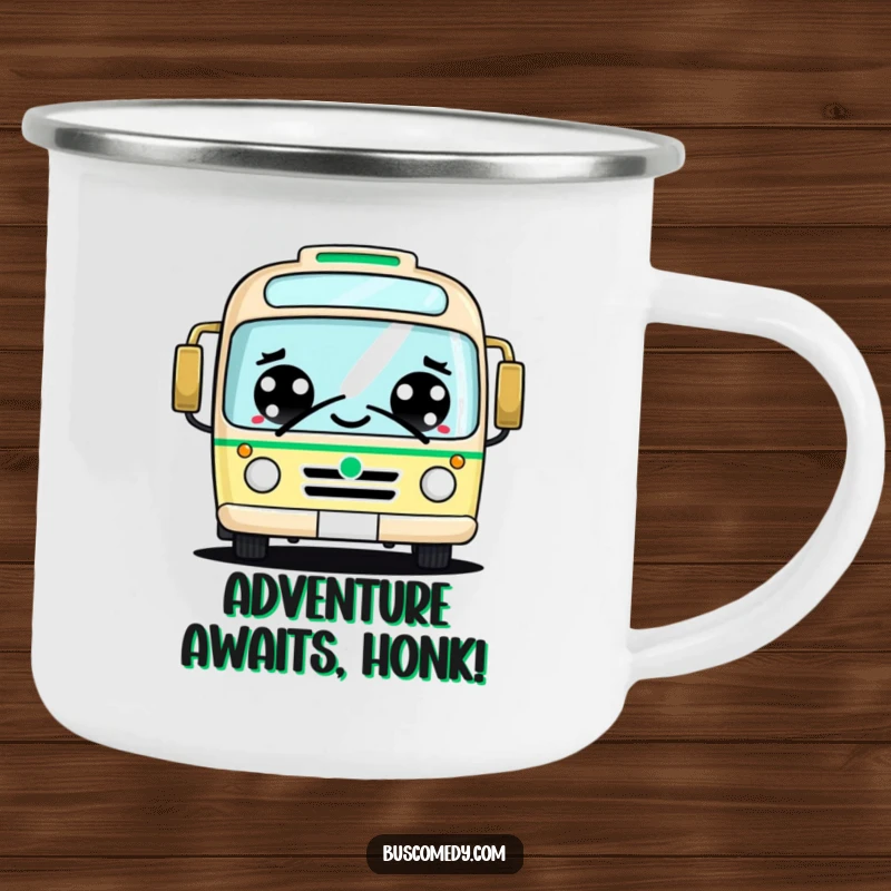 Funny kawaii bus camping mug, big cheerful eyes, friendly honking, durable outdoor cup, enjoying nature's journey.