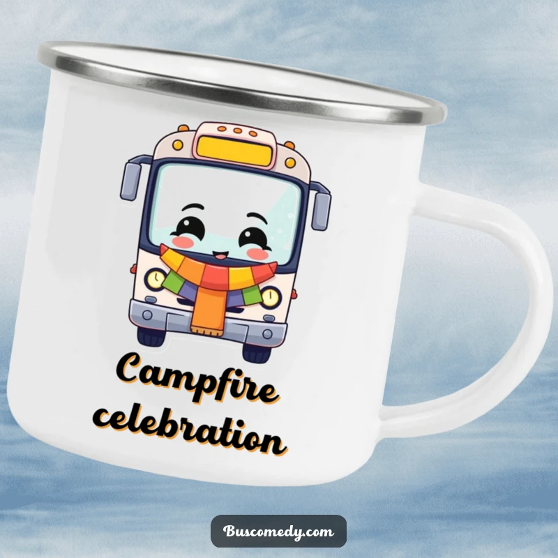Funny Cheerful Bus Camping Mug, a celebratory vehicle ready for outdoor toasts. A festive funny gift.