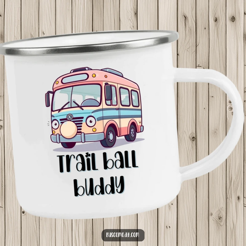 Funny Playful Bus Camping Mug, a bus playing with a bouncing ball, ready for outdoor fun. A cheerful funny gift.