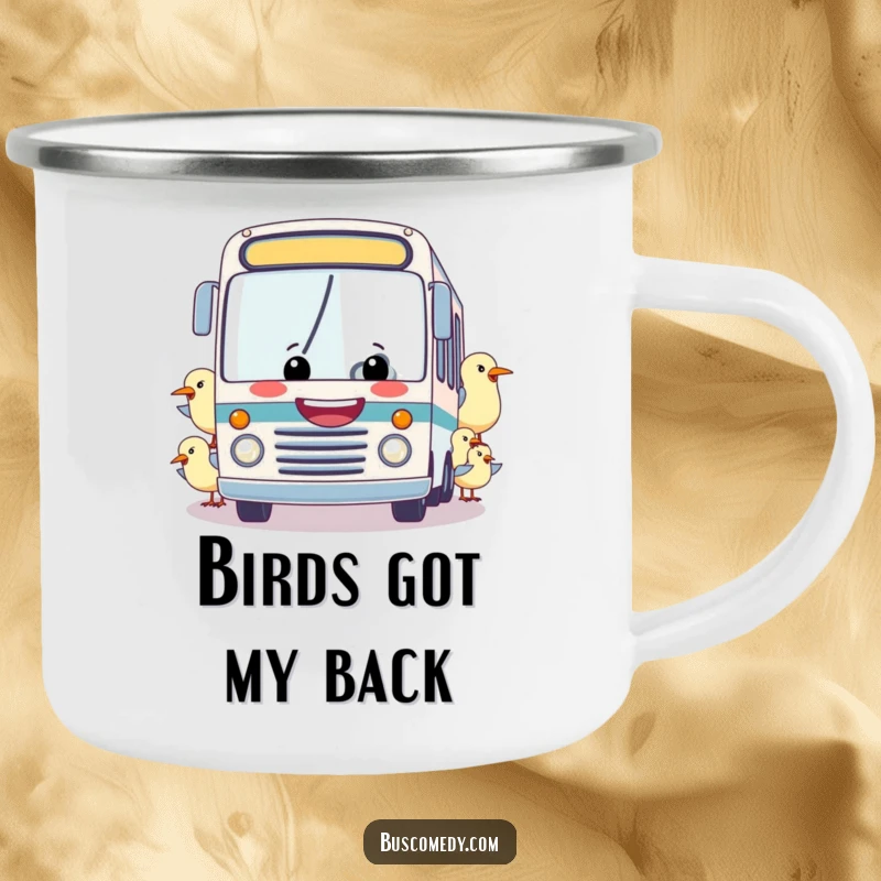 Funny camping mug: A happy bus being towed by a flock of friendly birds, perfect for humorous outdoor adventures and coffee lovers.