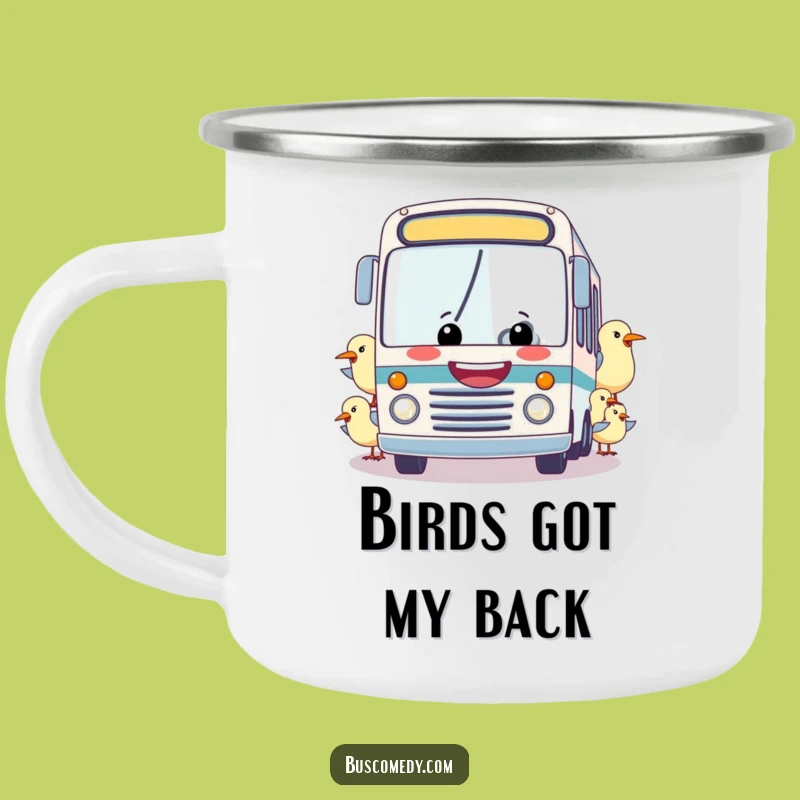Funny Bus & Birds Camping Mug: Enjoy Your Brews with This Hilarious Outdoor Companion!