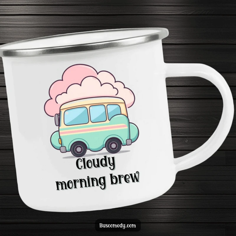 Funny camping mug with a shy bus character peeking from behind a colorful cloud. This durable mug is for quiet enthusiasts.
