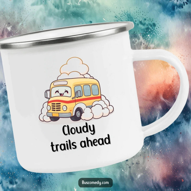 Funny camping mug with a bus character joyfully rolling into a fluffy cloud pile, giggling outdoors.