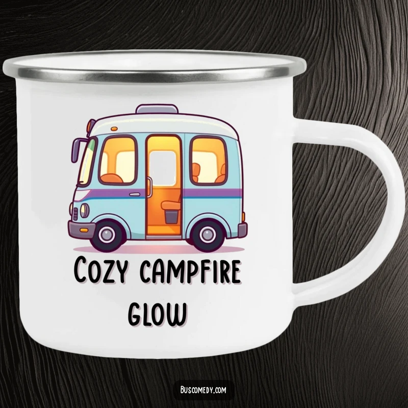 Friendly bus camping mug with a warm, inviting glow radiating from its interior, perfect for cozy outdoor moments.