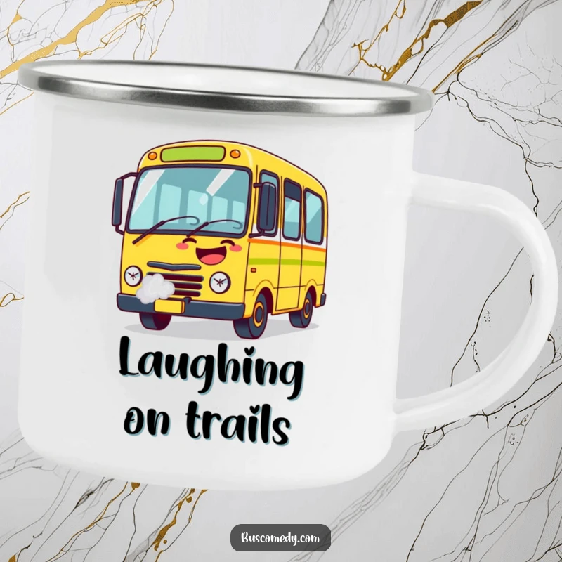 Funny Camping Mug featuring a bus character bursting with laughter, steam puffing from its exhaust, for outdoor adventures.