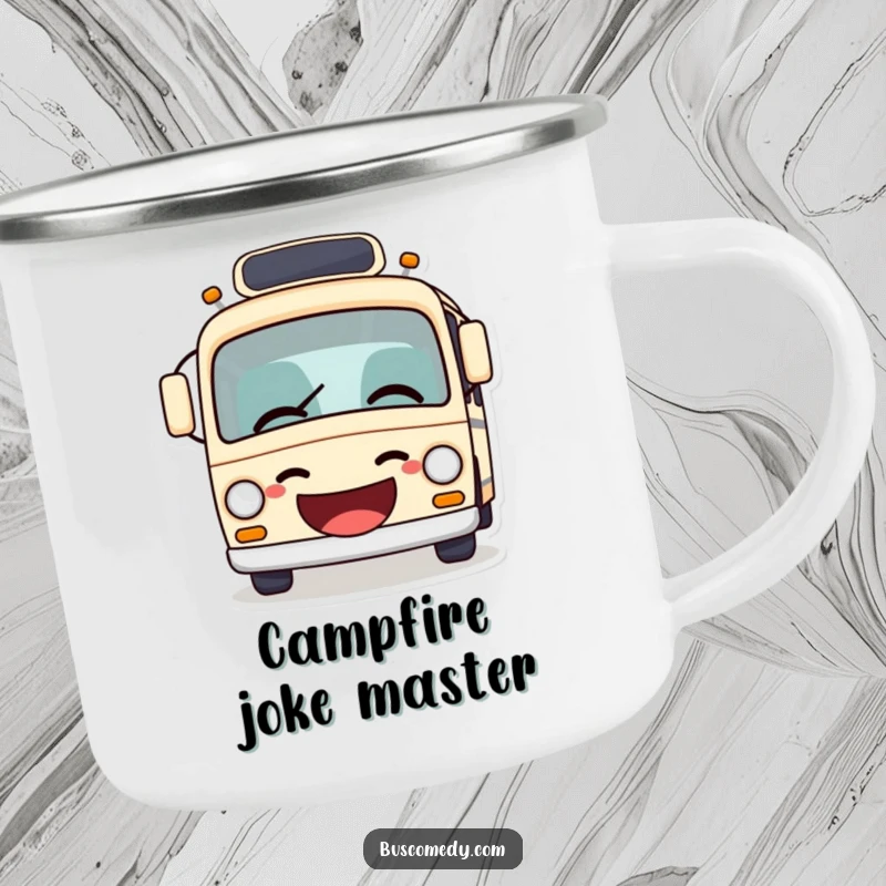 Funny bus camping mug, a durable cup with a giggling bus character humorously telling a joke, for outdoor fun.