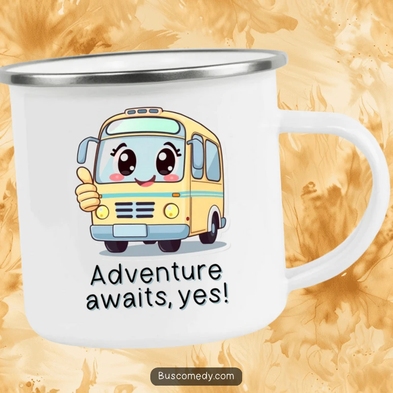 Funny durable camping mug with a kawaii bus character with big happy eyes giving a thumbs up, perfect for outdoors.