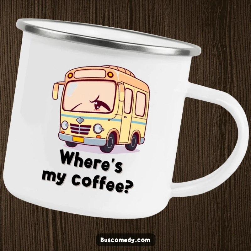 Funny camping mug featuring a Kawaii bus character peeking with a mischievous wink, ready for any adventure.
