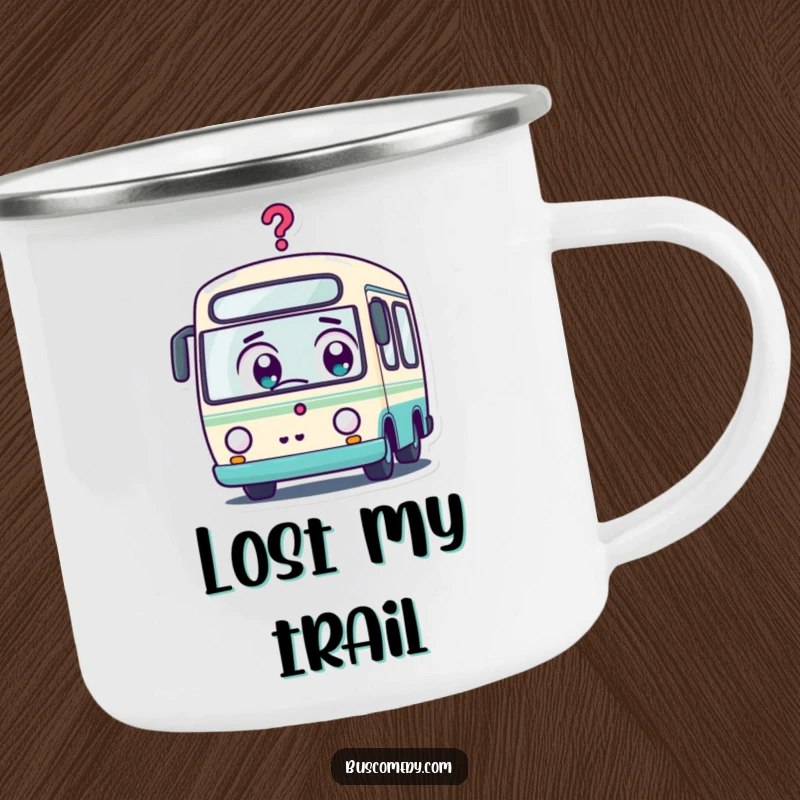 Funny Kawaii Bus Camping Mug: A surprised kawaii bus character with wide eyes and a question mark, ideal for curious adventurers.