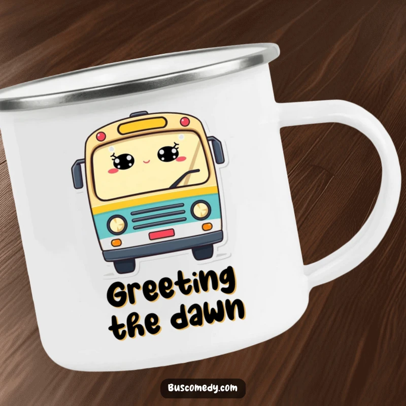 Funny camping mug with a cheerful bus, windows as smiling eyes, and a wave, perfect for humorous outdoor enjoyment.