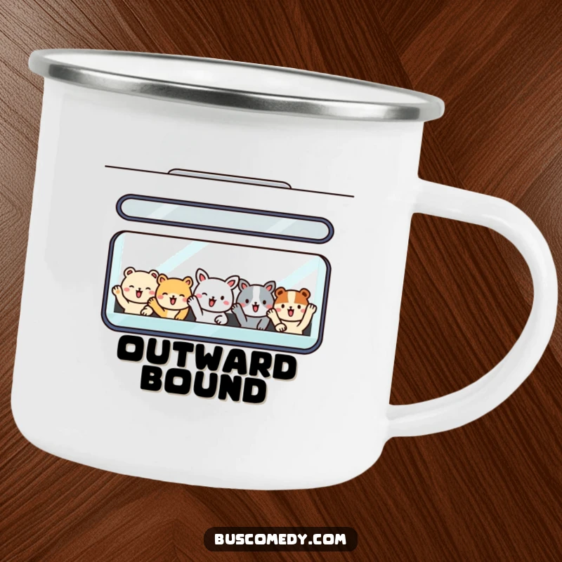 Funny enamel camping mug with smiling animal passengers waving from a bus window, durable for cheerful outdoor use.
