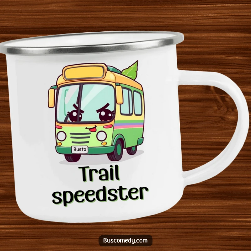 Funny camping mug with a determined bus character racing a leaf, perfect for outdoor motivation and a touch of quirky humor, a great funny gift.