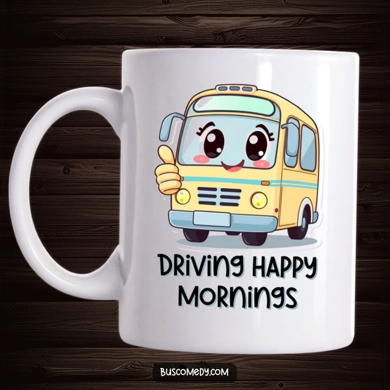 Funny kawaii bus character with big happy eyes gives a thumbs up on a cheerful coffee mug.