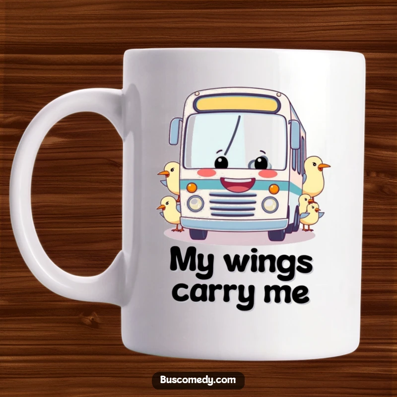 Funny mug: A cheerful bus with a huge grin being towed by a flock of happy, friendly birds, showcasing a whimsical and humorous travel scene.