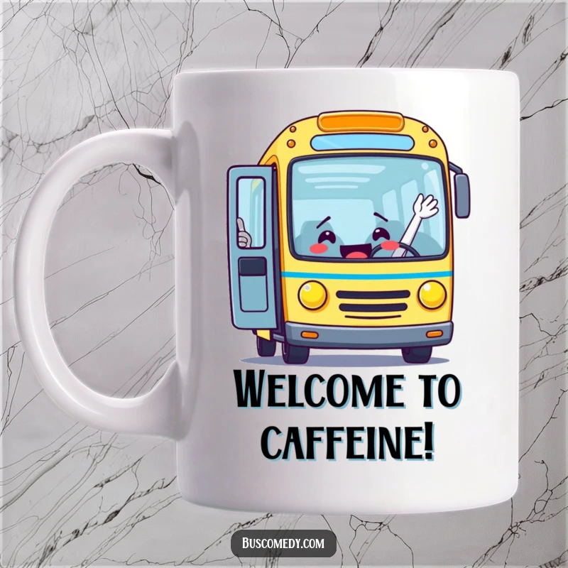 Funny mug depicting an excited bus character with its door wide open, waving enthusiastically to welcome passengers aboard.