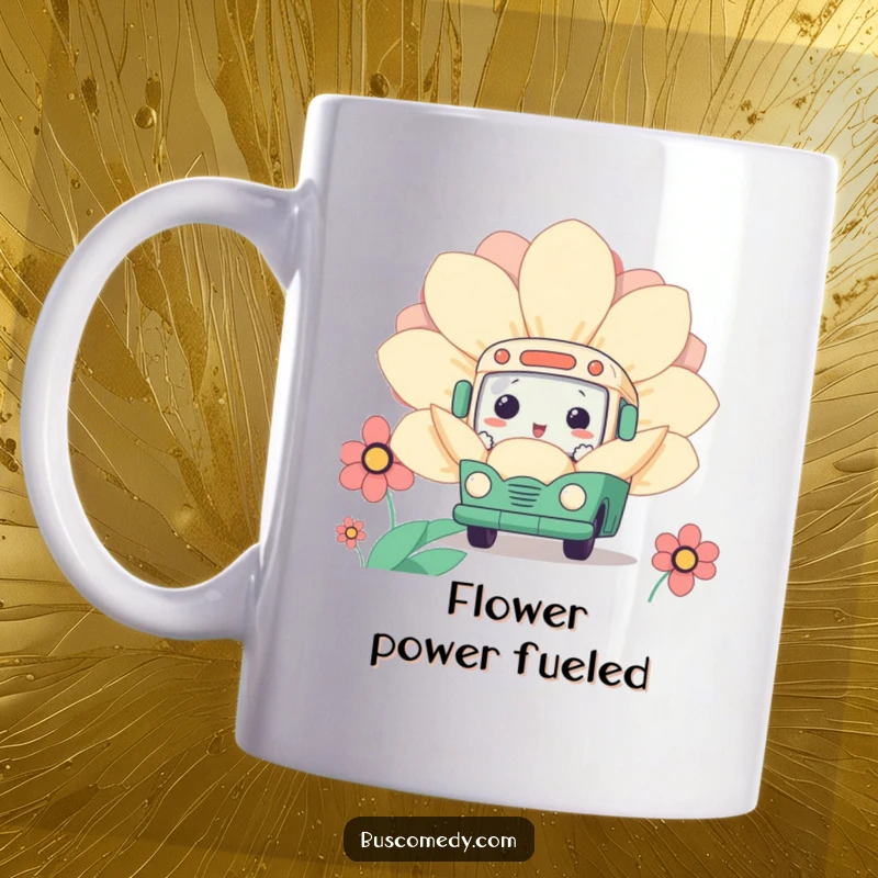 Funny Kawaii Bus Flower Mug featuring a cute bus character curiously peeking its head out from behind a large, colorful flower.
